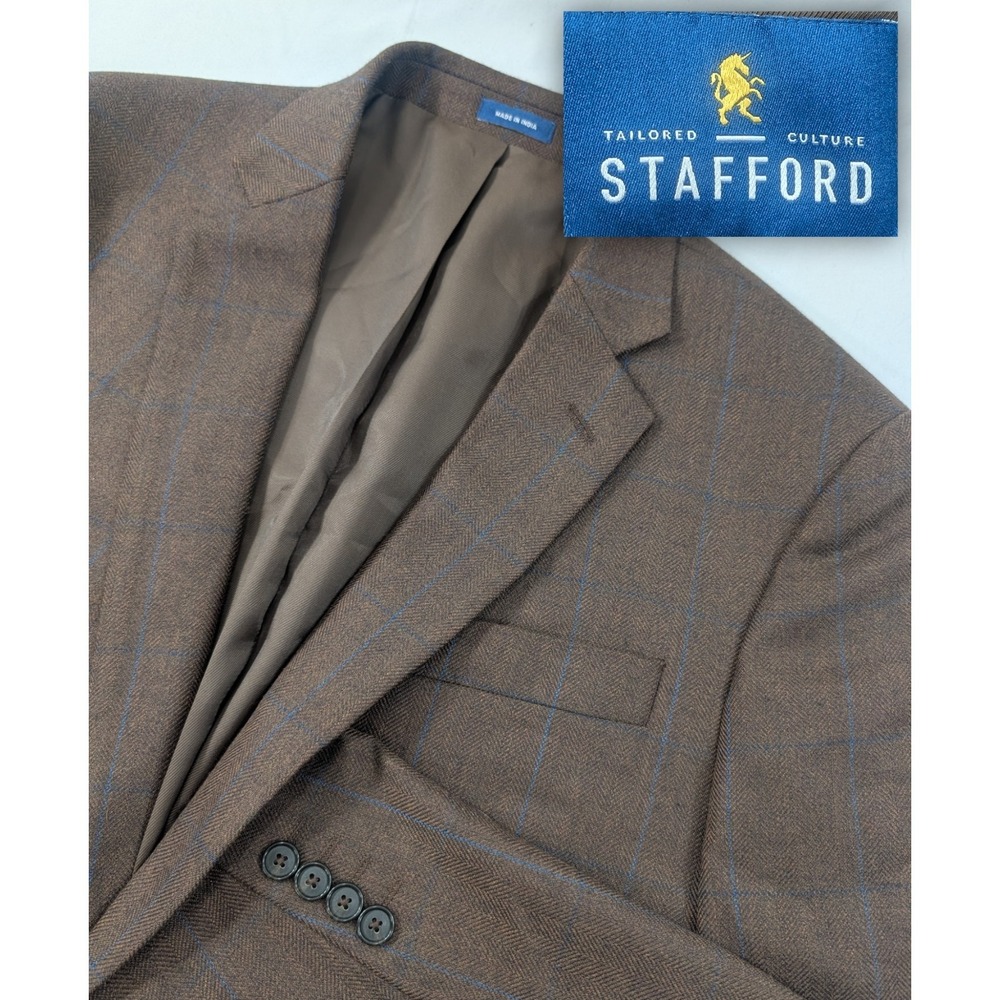 Stafford Blazer Coat Sport Suit Jacket Wool Blend Herringbone Windowpane 44L 48"
